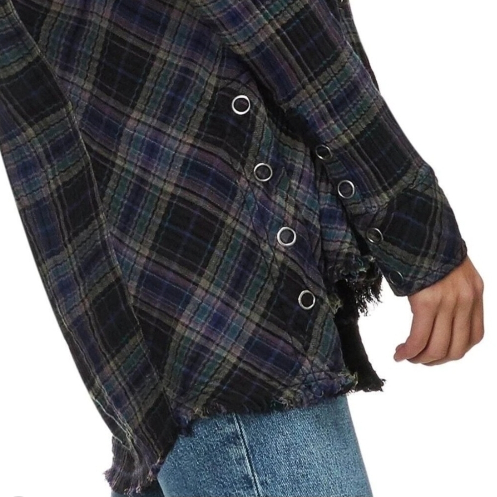 Free People Navy and Green Plaid Button-Down Shirt - Picture 2 of 16